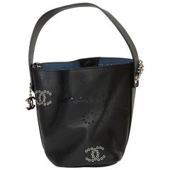 2019 Chanel Black Perforated Calfskin Logo Eyelets Bucket Bag with Tweed Pouch