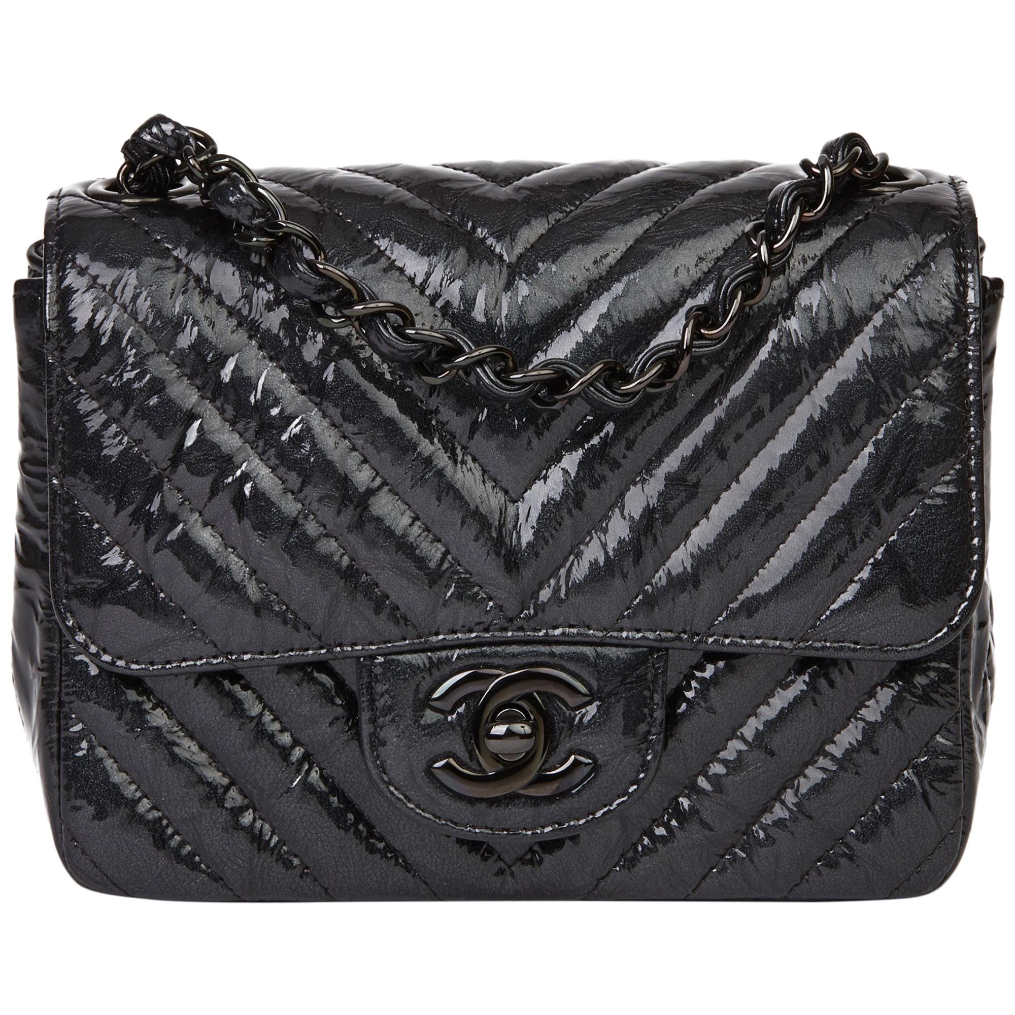 2019 Chanel Black Quilted Crumpled Metallic Calfskin SO Black Mini Flap Bag