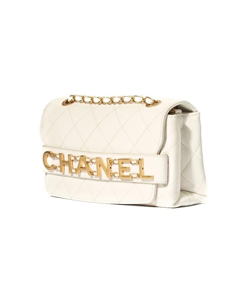 White 2019 Chanel Flap Bag Enchained Pelle Trapuntata Bianca For Sale
