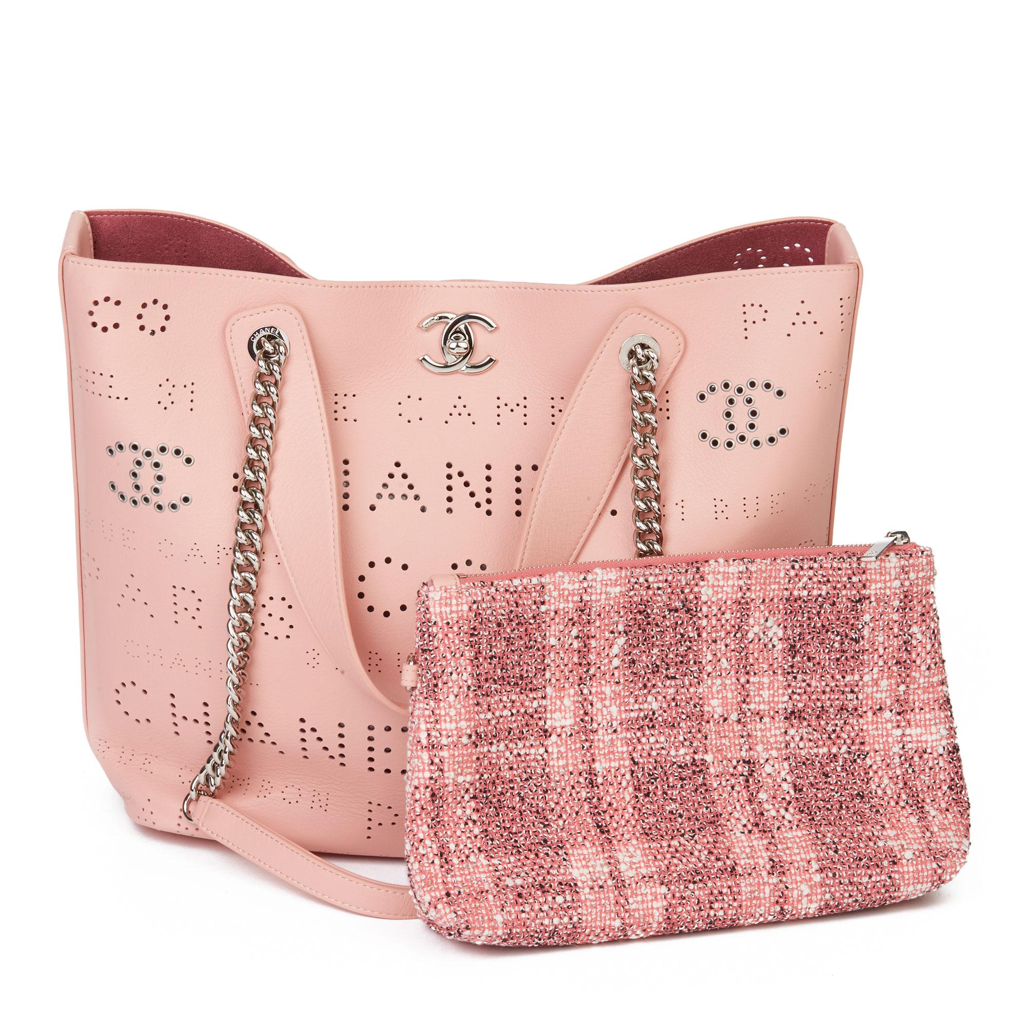 2019 Chanel 2019 Chanel Rosa Kalbsleder Logo Eyelets Einkaufstasche mit Tweedbeutel 5