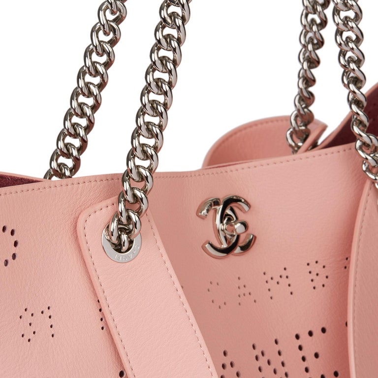 2019 Chanel Pink Calfskin Leather Logo Eyelets Shopping Tote with