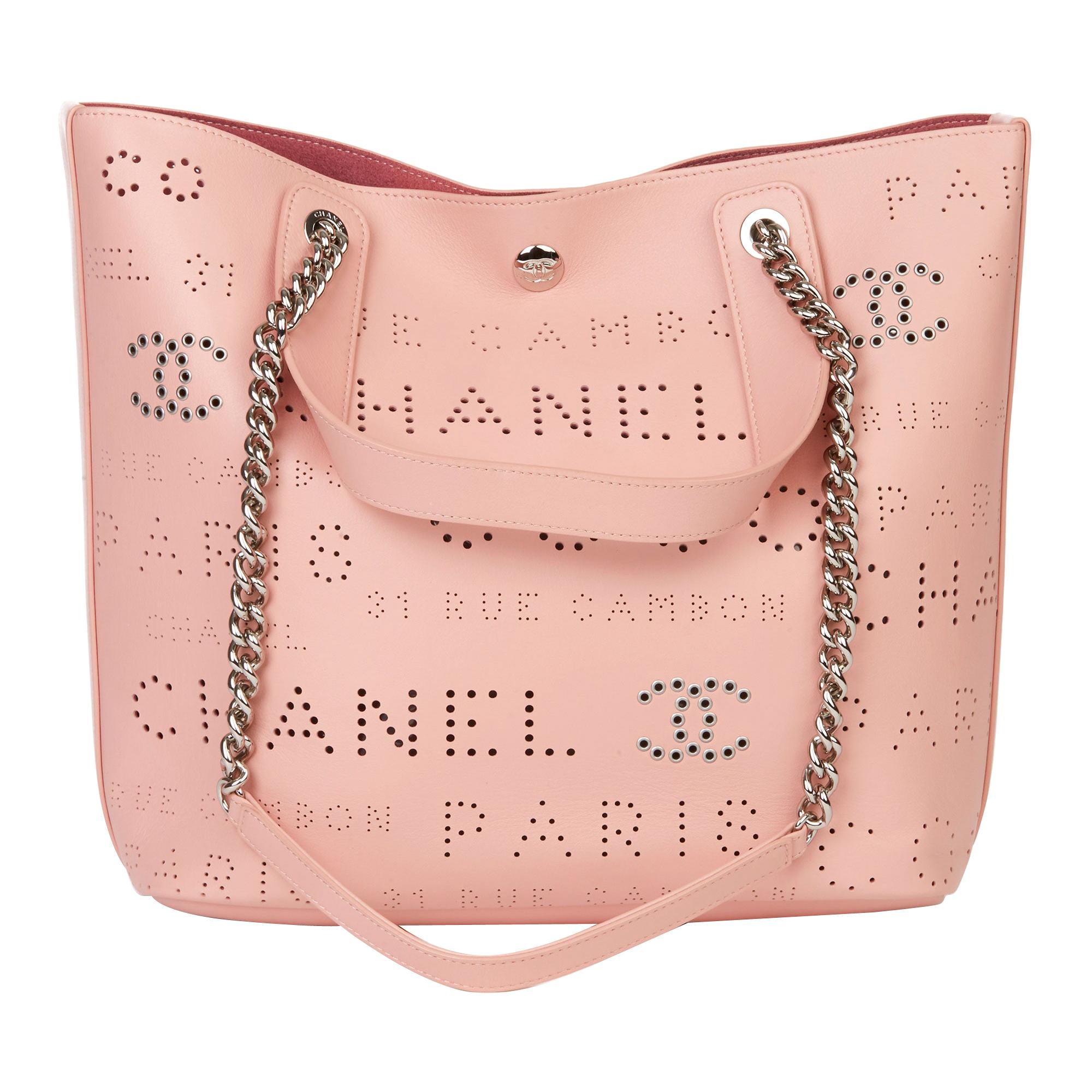 2019 Chanel Pink Calfskin Leather Logo Eyelets Shopping Tote with Tweed Pouch