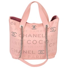 2019 Chanel Pink Calfskin Leather Logo Eyelets Shopping Tote with Tweed Pouch
