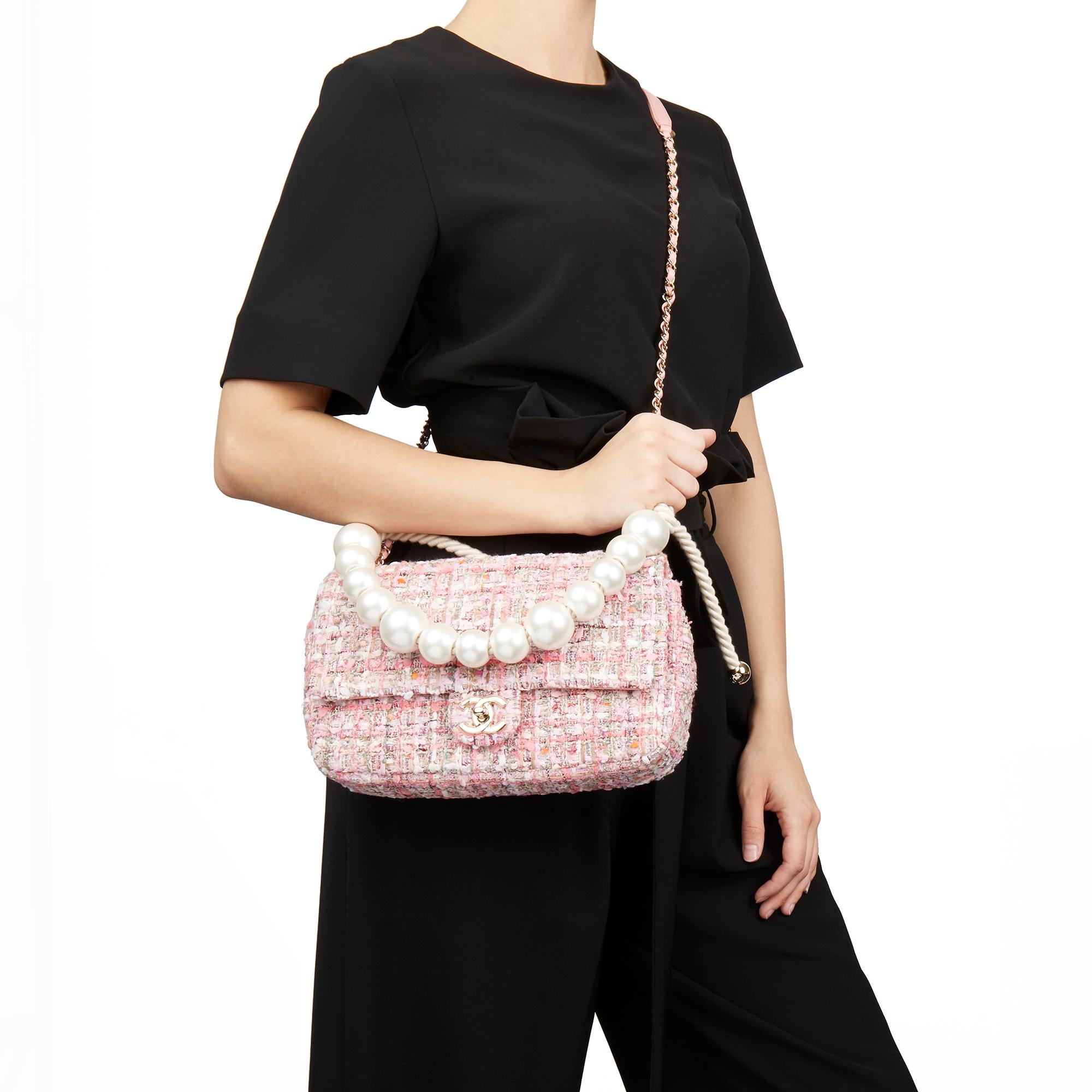 2019 Chanel Pink Tweed Fabric & Pearls Classic Single Flap Bag 5