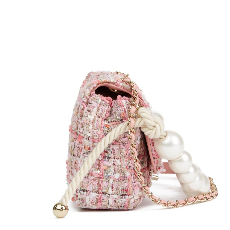 2019 Chanel Pink Tweed Fabric & Pearls Classic Single Flap Bag