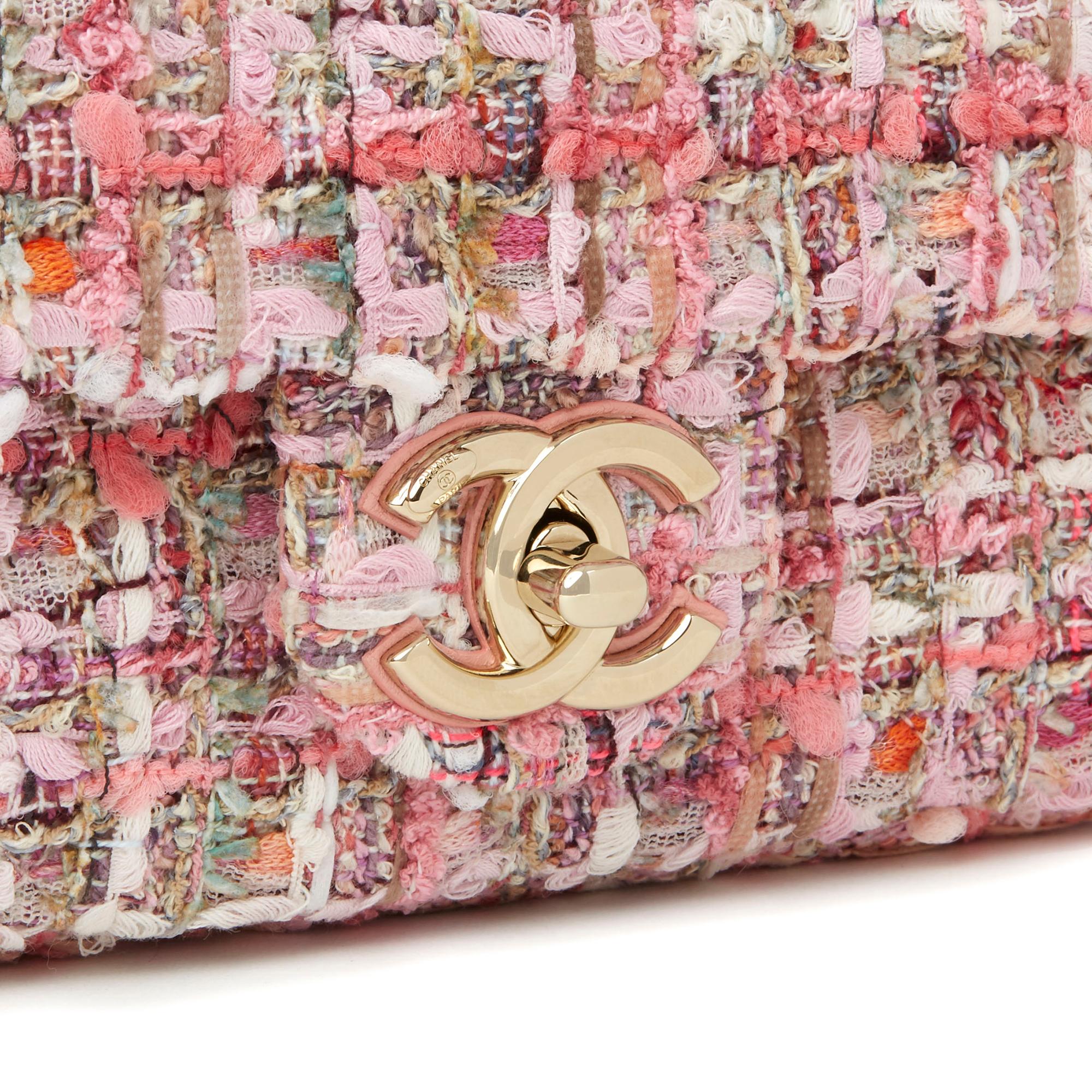 Beige 2019 Chanel Pink Tweed Fabric & Pearls Classic Single Flap Bag