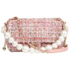 2019 Chanel Pink Tweed Fabric and Pearls Classic Single Flap Bag