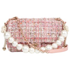 2019 Chanel Pink Tweed Fabric & Pearls Classic Single Flap Bag