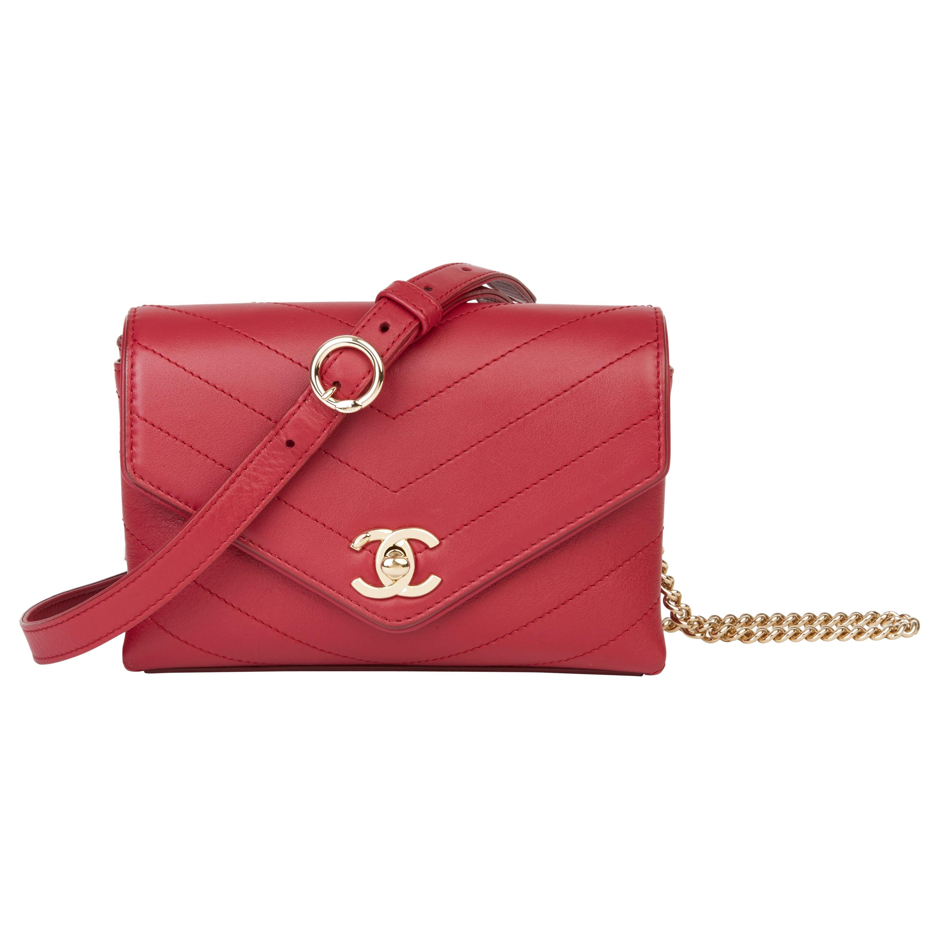2019 Chanel Red Chevron Quilted Calfskin Leather Coco Waist Bag