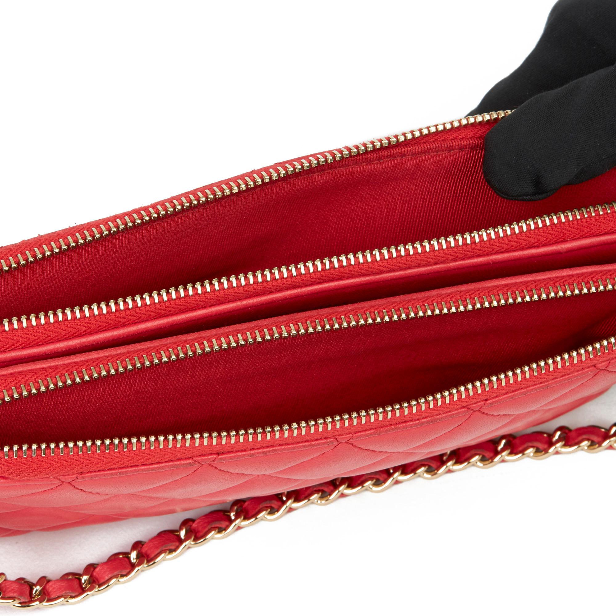 2019 Chanel Rotes gestepptes Lammfell Doppeltes Reißverschluss Portemonnaie an Kette WOC 6