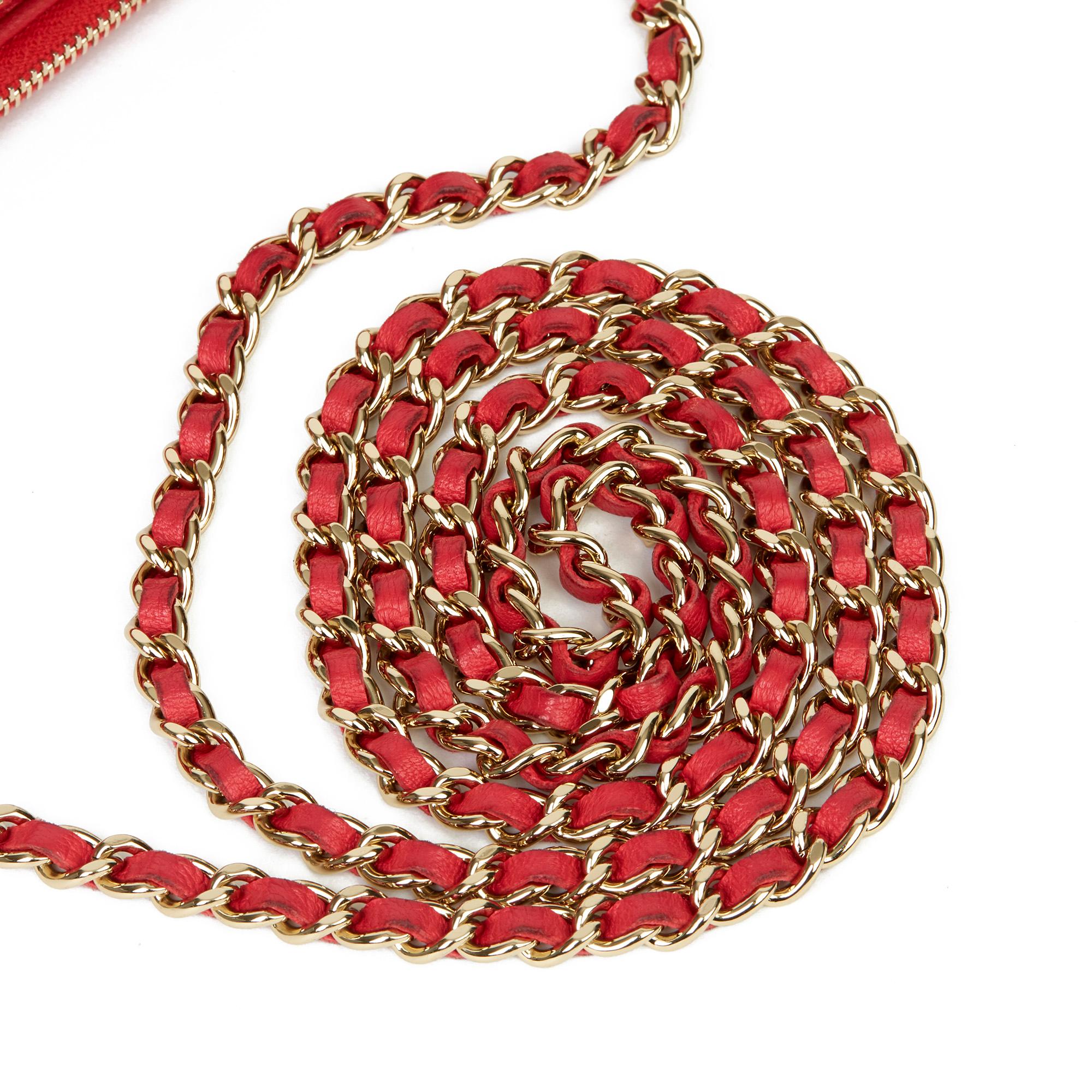 2019 Chanel Rotes gestepptes Lammfell Doppeltes Reißverschluss Portemonnaie an Kette WOC 3