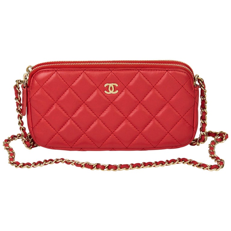 2019 Chanel Red Quilted Lambskin Double Zip Wallet-on-Chain WOC at