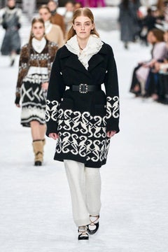 2019 Chanel Runway Black & White Knit Wool Cashmere Blend Belted Coat