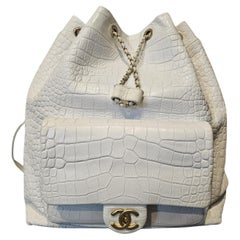 2019 Chanel White Croc-Embossed Leather Large Drawstring Backpack