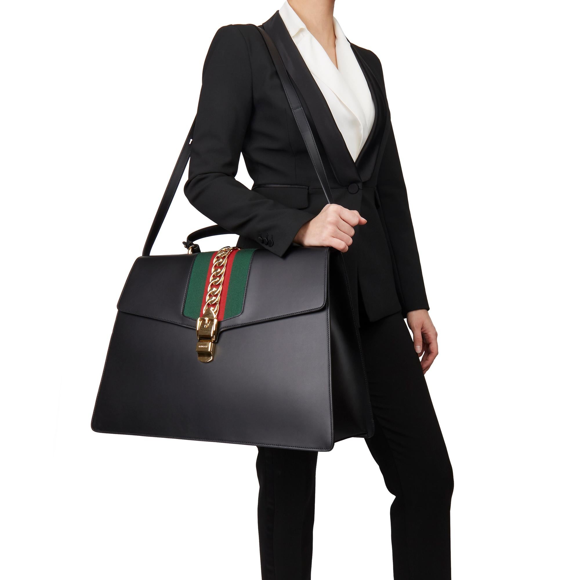 2019 Gucci Black Smooth Calfskin Leather Sylvie Top Handle Duffle Bag 7