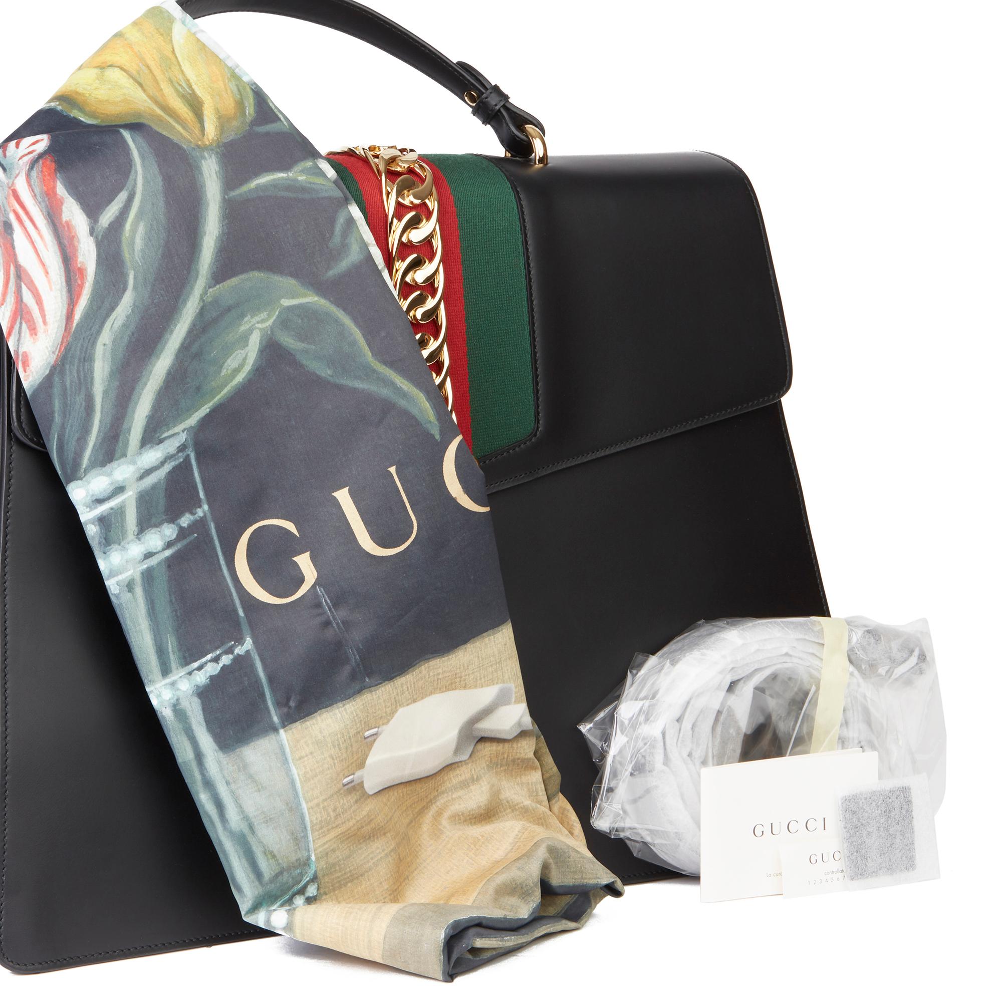 2019 Gucci Black Smooth Calfskin Leather Sylvie Top Handle Duffle Bag 8