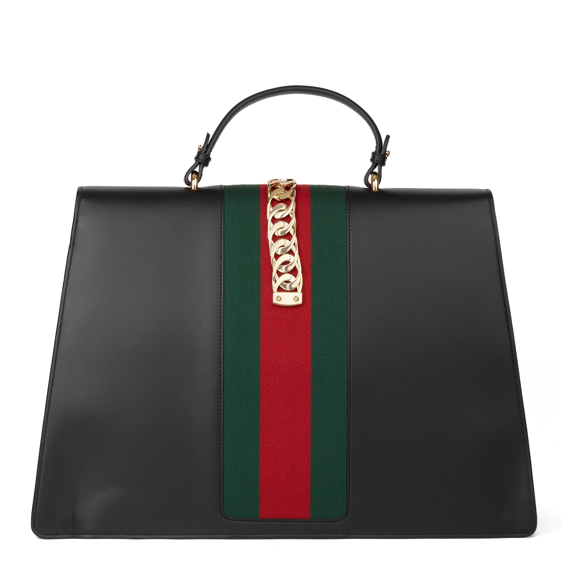 2019 Gucci Black Smooth Calfskin Leather Sylvie Top Handle Duffle Bag 1