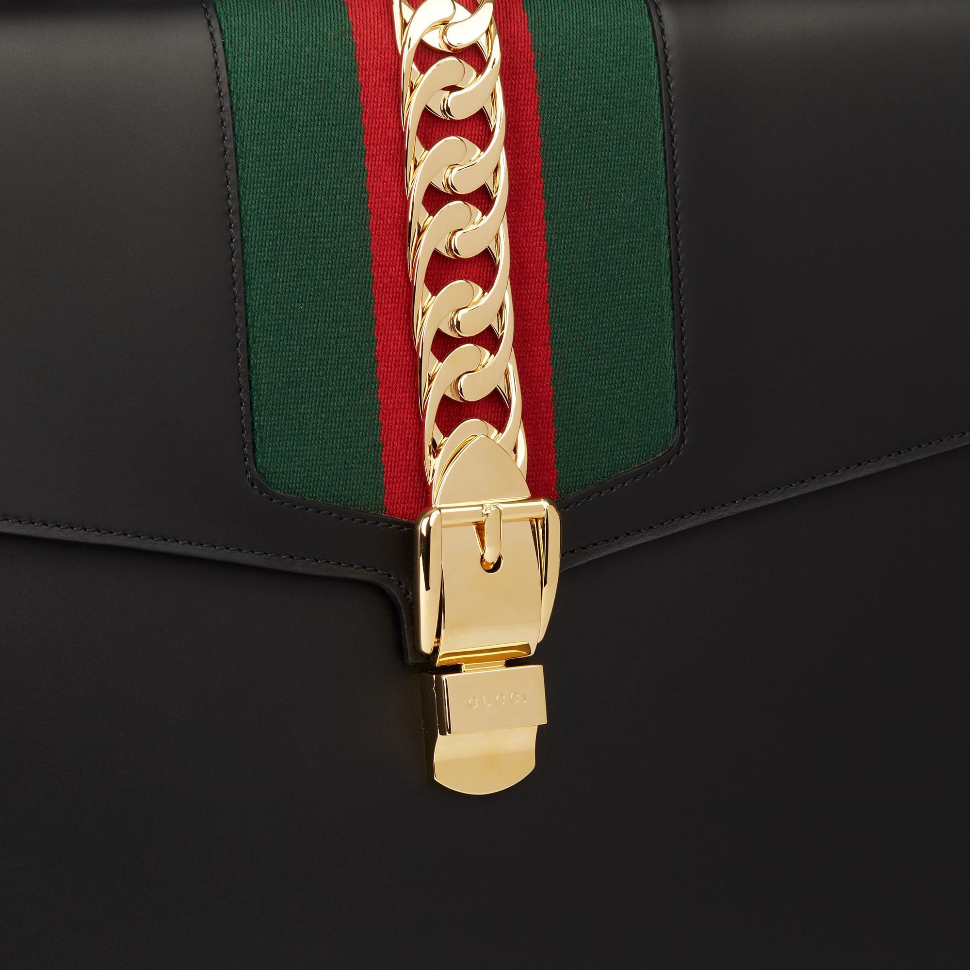 2019 Gucci Black Smooth Calfskin Leather Sylvie Top Handle Duffle Bag 1