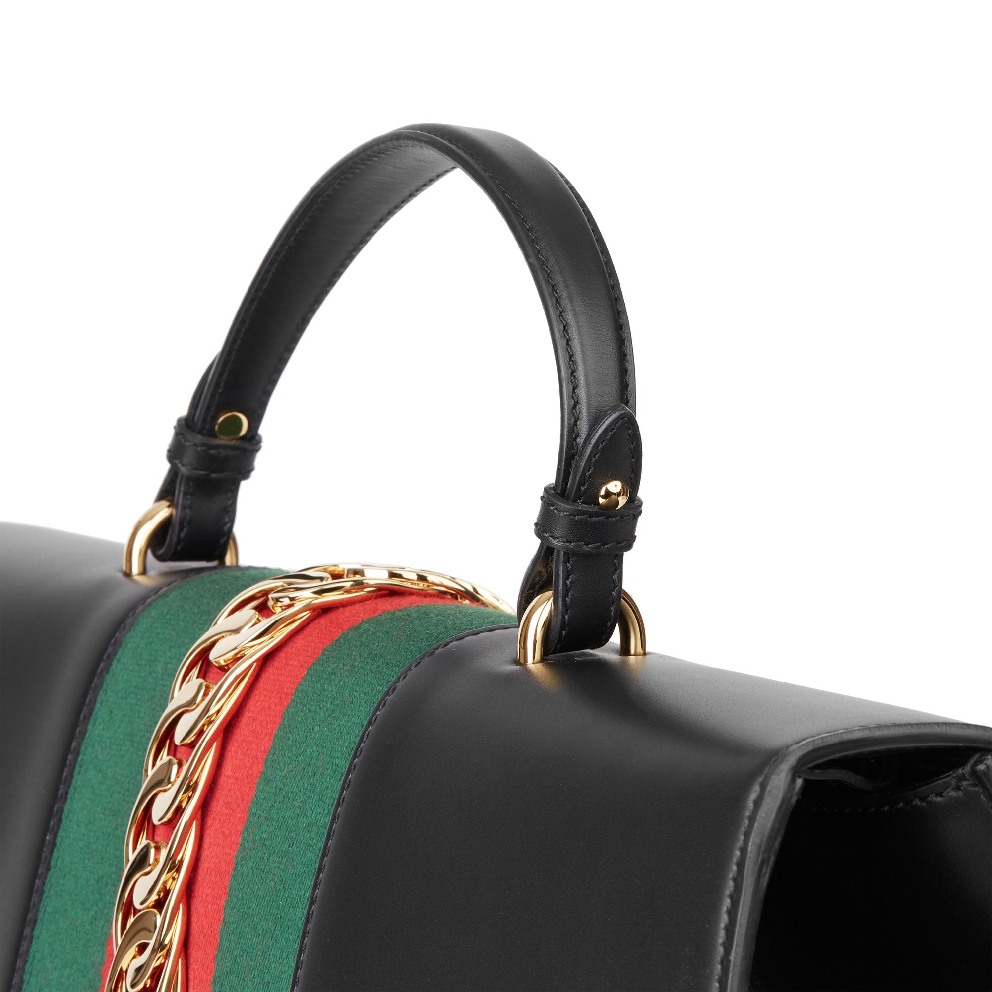 2019 Gucci Black Smooth Calfskin Leather Sylvie Top Handle Duffle Bag 4