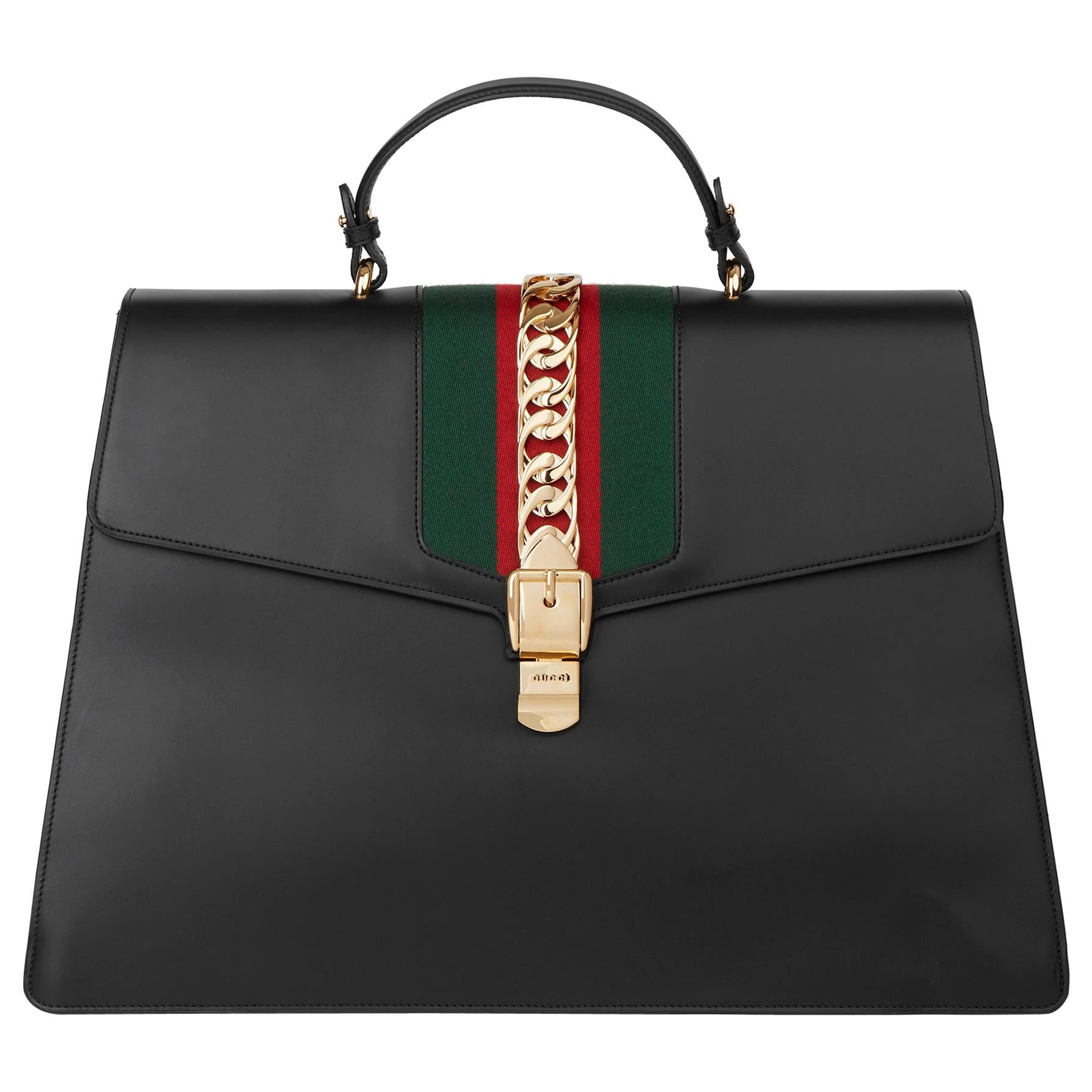 2019 Gucci Black Smooth Calfskin Leather Sylvie Top Handle Duffle Bag