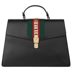 2019 Gucci Black Smooth Calfskin Leather Sylvie Top Handle Duffle Bag 