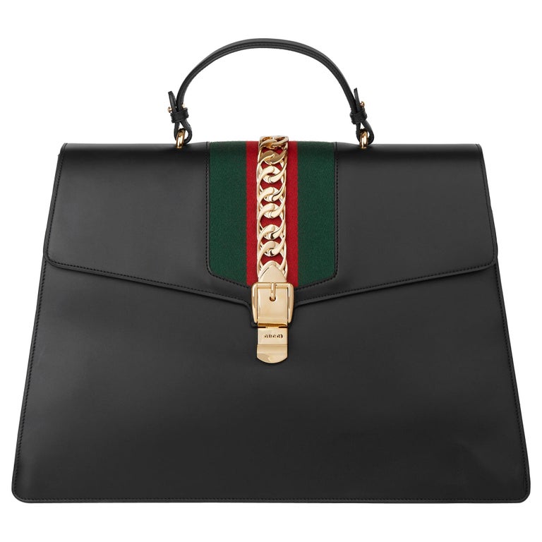 2019 Gucci Black Smooth Calfskin Leather Sylvie Top Handle Duffle Bag For Sale at 1stdibs