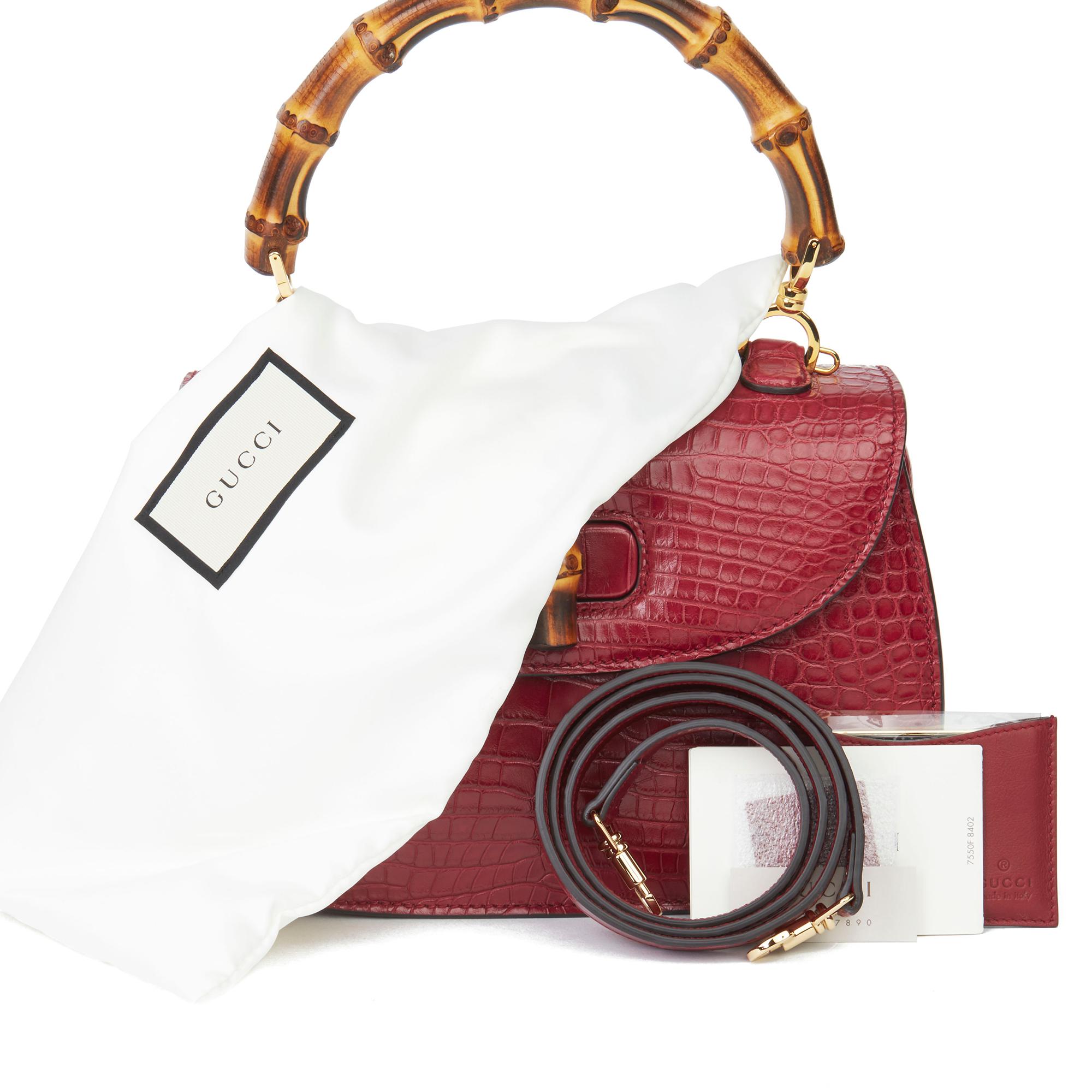 2019 Gucci Burgundy Alligator Leather Bamboo Classic Top Handle 4