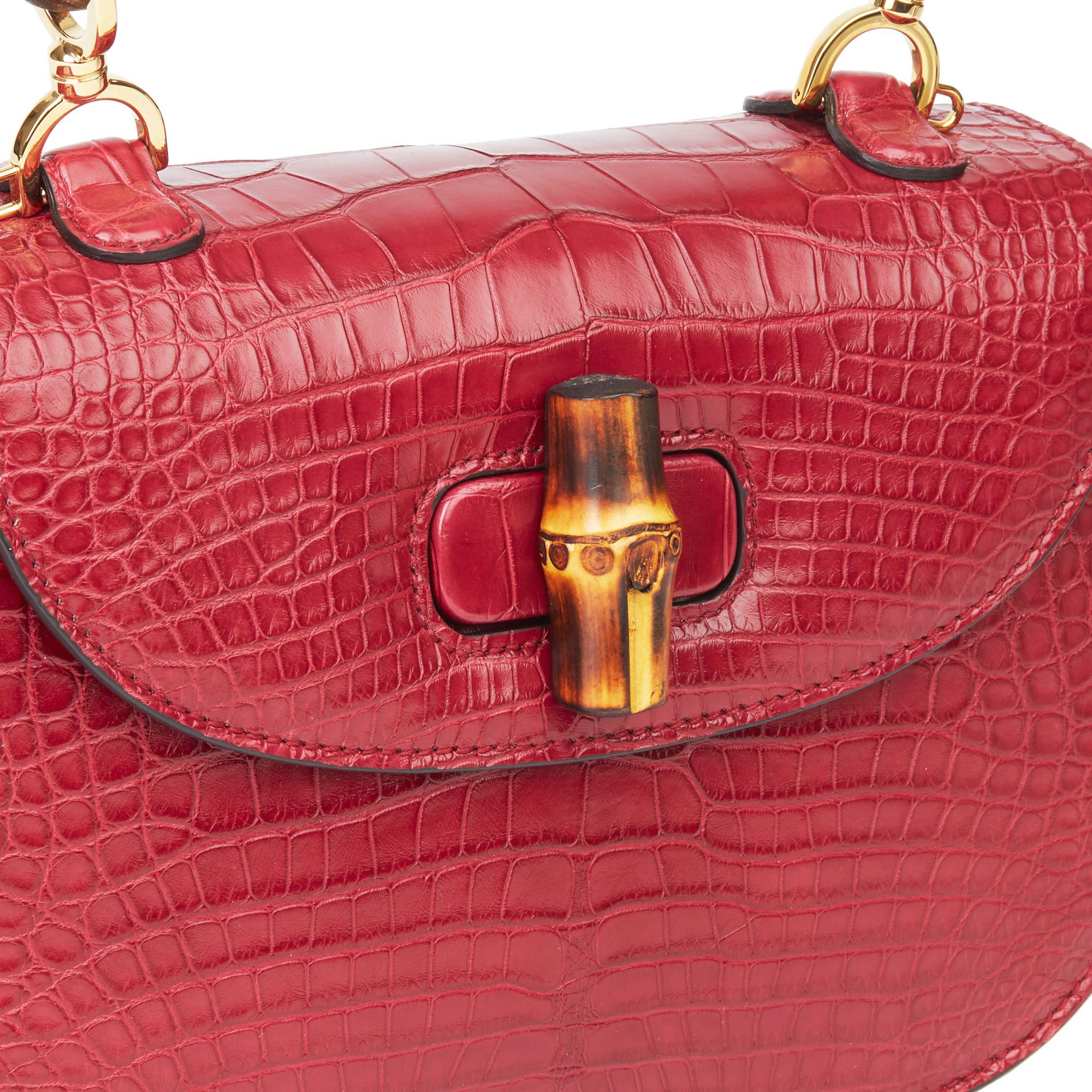 2019 Gucci Burgundy Alligator Leather Bamboo Classic Top Handle In Excellent Condition In Bishop's Stortford, Hertfordshire