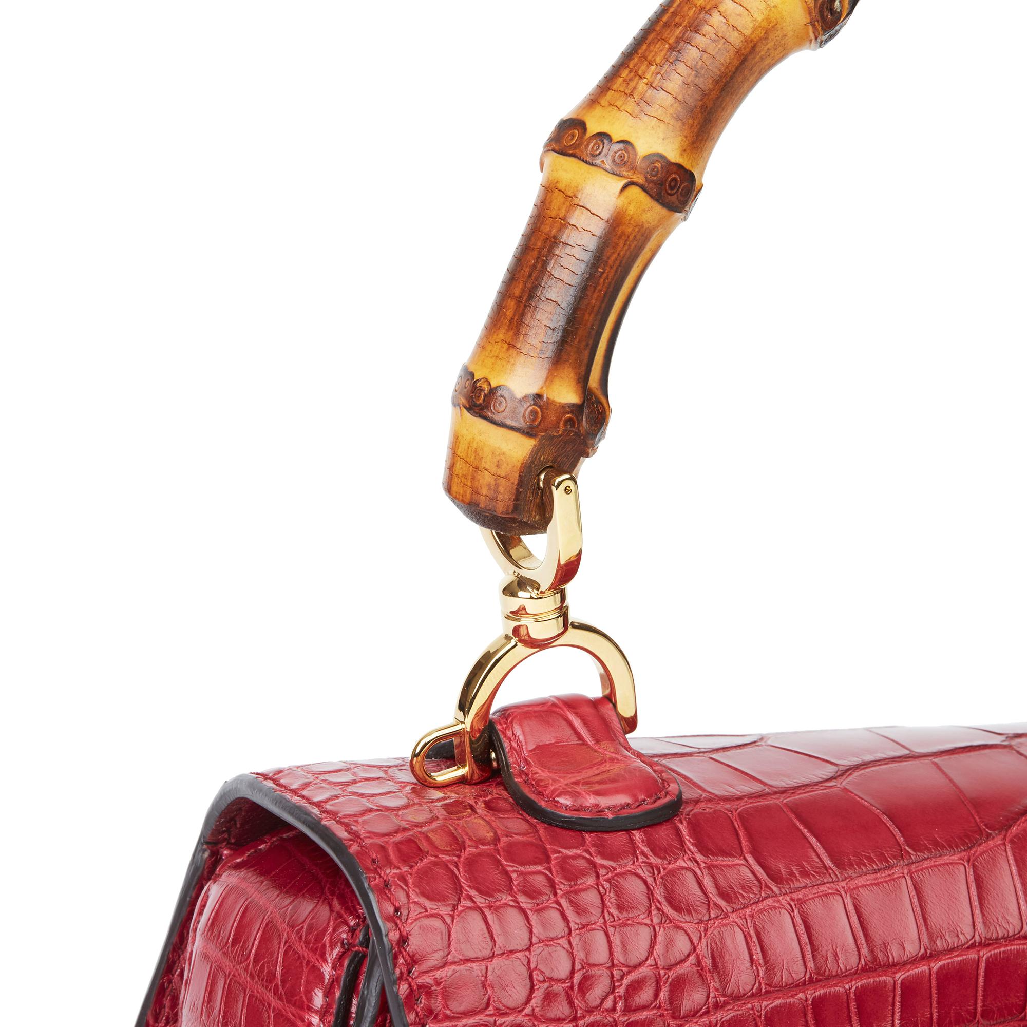 Women's 2019 Gucci Burgundy Alligator Leather Bamboo Classic Top Handle 
