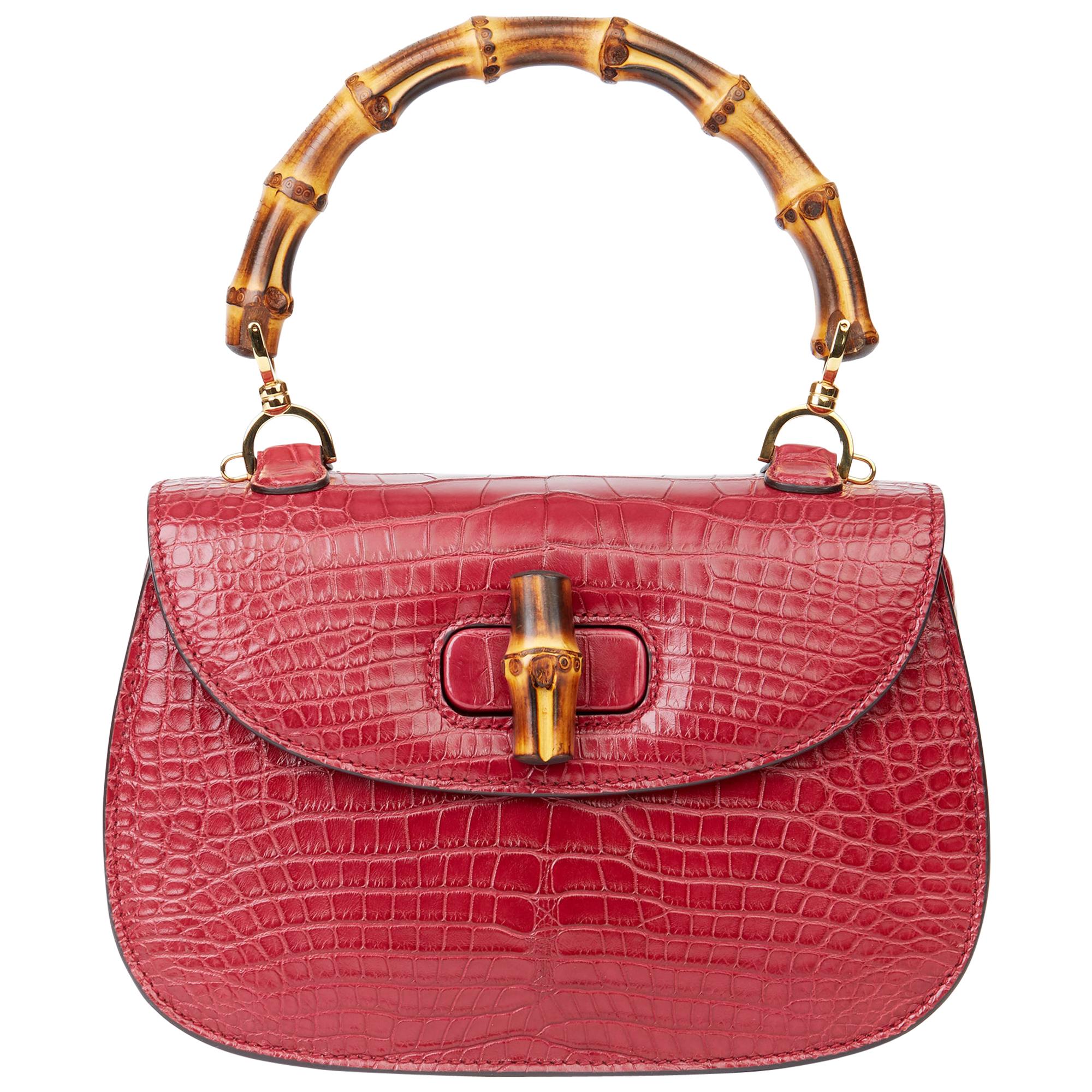 2019 Gucci Burgundy Alligator Leather Bamboo Classic Top Handle 