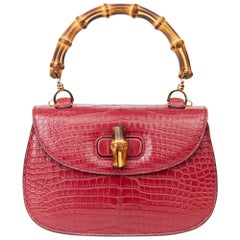 2019 Gucci Burgundy Alligator Leather Bamboo Classic Top Handle