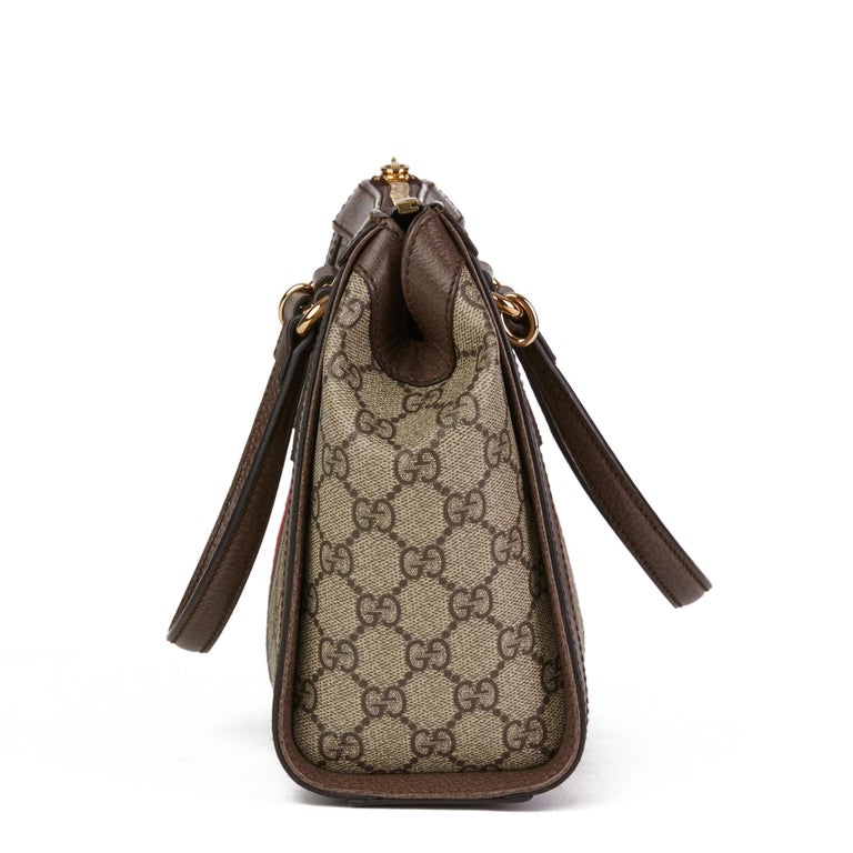 2019 Gucci GG Supreme Canvas and Brown Pigskin Leather Web Small Ophidia Tote Bag at 1stDibs