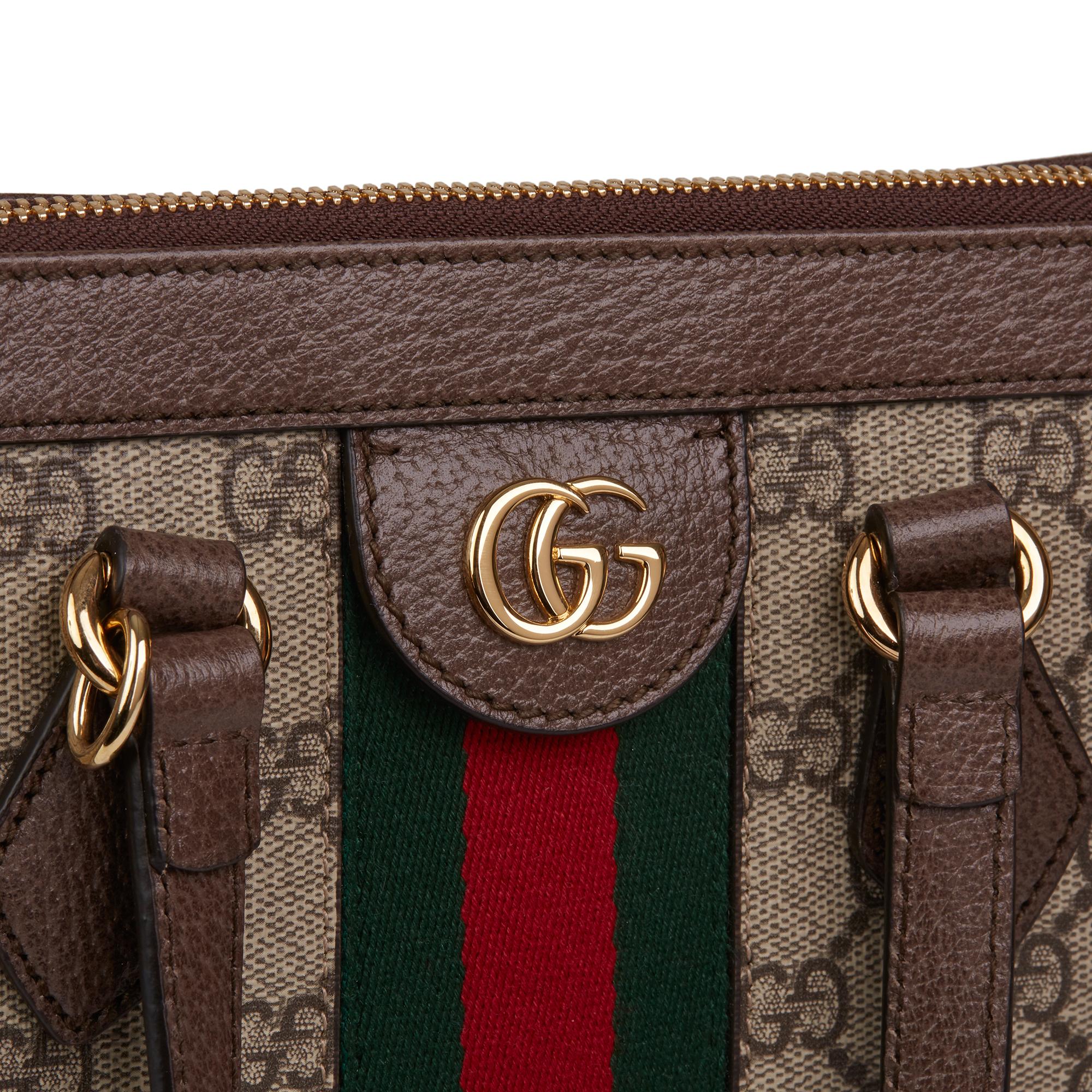 Women's 2019 Gucci GG Supreme Canvas & Brown Pigskin Leather Web Small Ophidia Tote Bag 