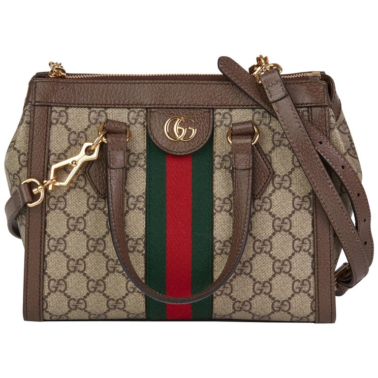 2019 Gucci GG Supreme Canvas and Brown Pigskin Leather Web Small Ophidia Tote Bag 1stDibs | pigskin bag, gucci ophidia small tote bag, gucci pigskin bag