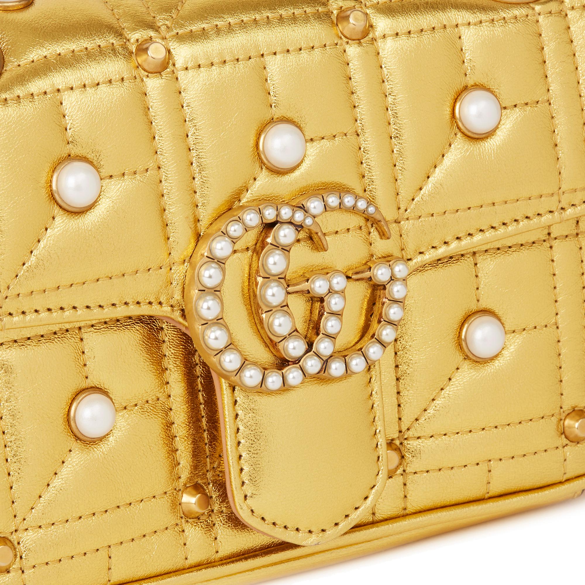 2019 Gucci Gold Quilted Metallic Lambskin Studded Pearl Mini Marmont  2