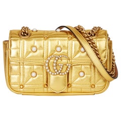 2019 Gucci Gold Quilted Metallic Lambskin Studded Pearl Mini Marmont 
