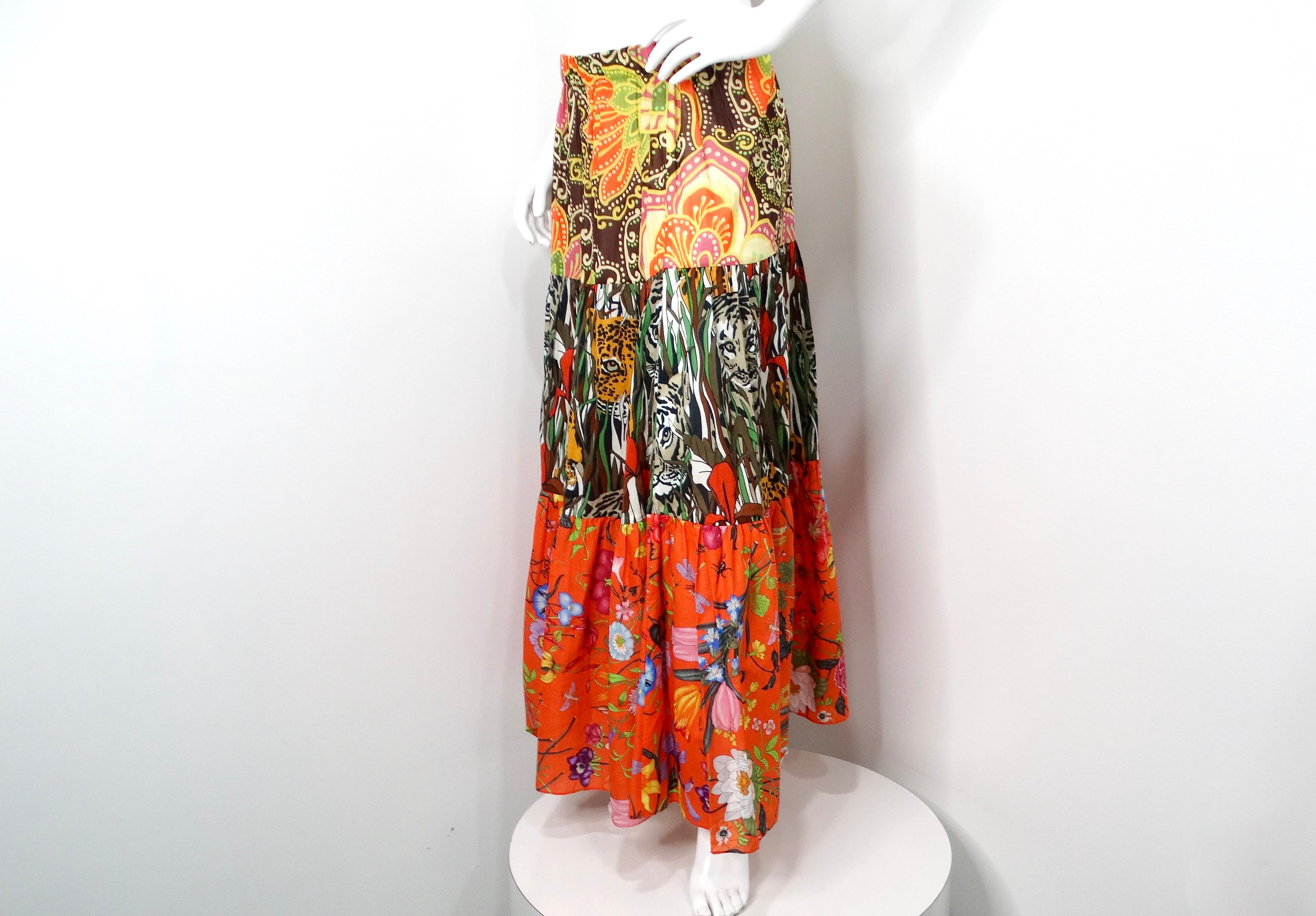 2019 Gucci Gonna midi in cotone con stampa multicolore arancione &New India in vendita 1