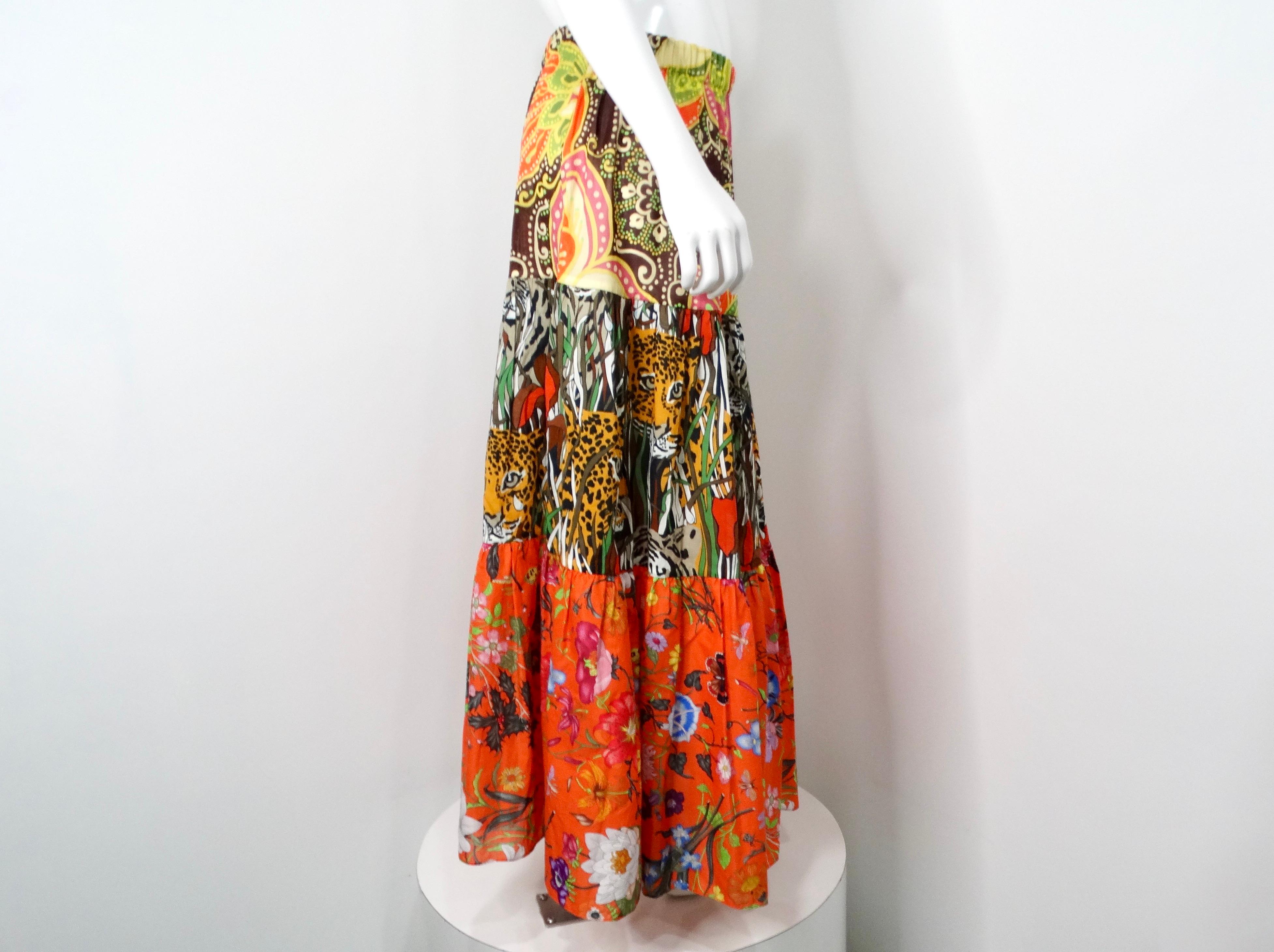 2019 Gucci Gonna midi in cotone con stampa multicolore arancione &New India in vendita 2