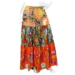 2019 Gucci Orange New India Multicolor Print Cotton Midi Skirt
