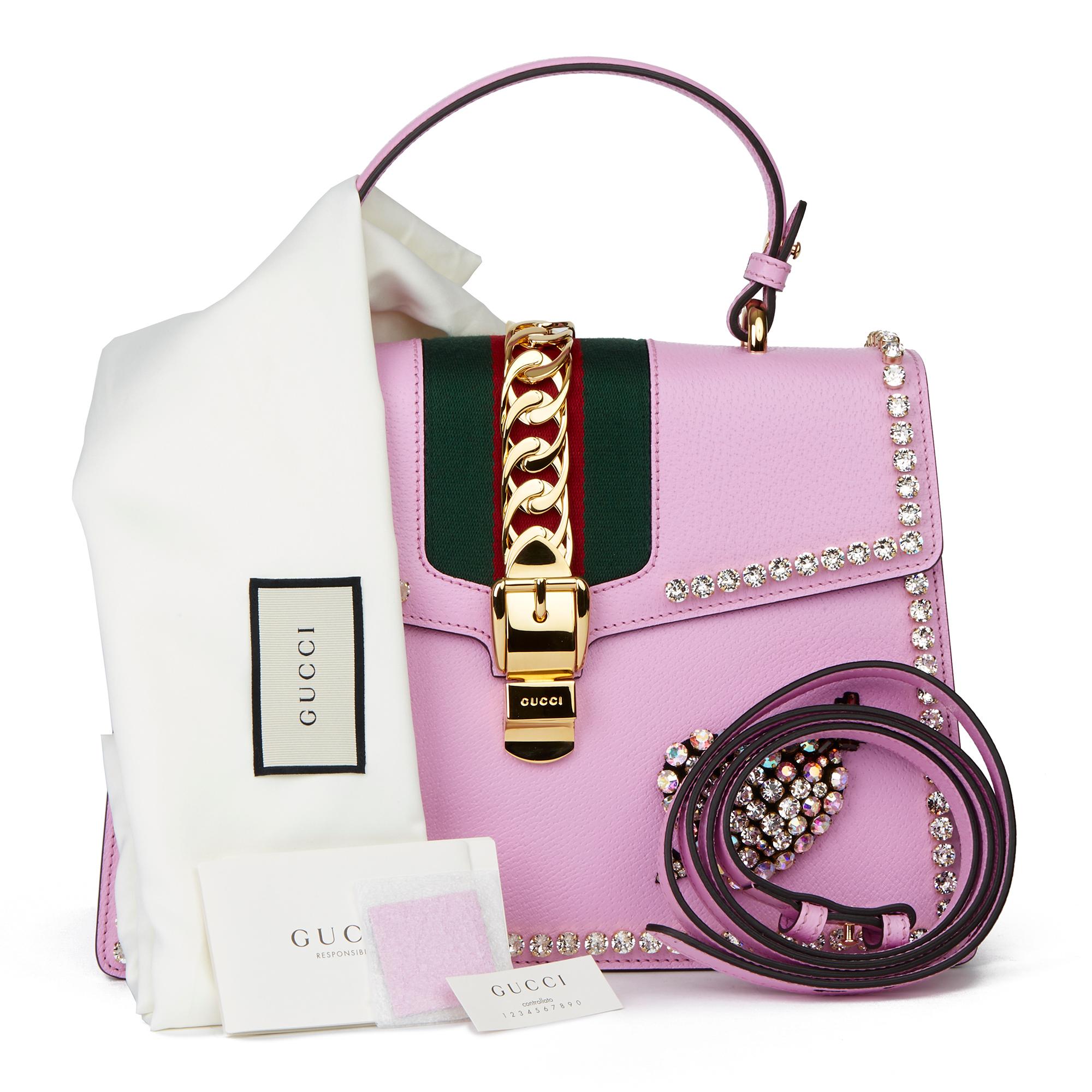 2019 Gucci Pink Pigskin Leather Crystallised Medium Sylvie Top Handle  8
