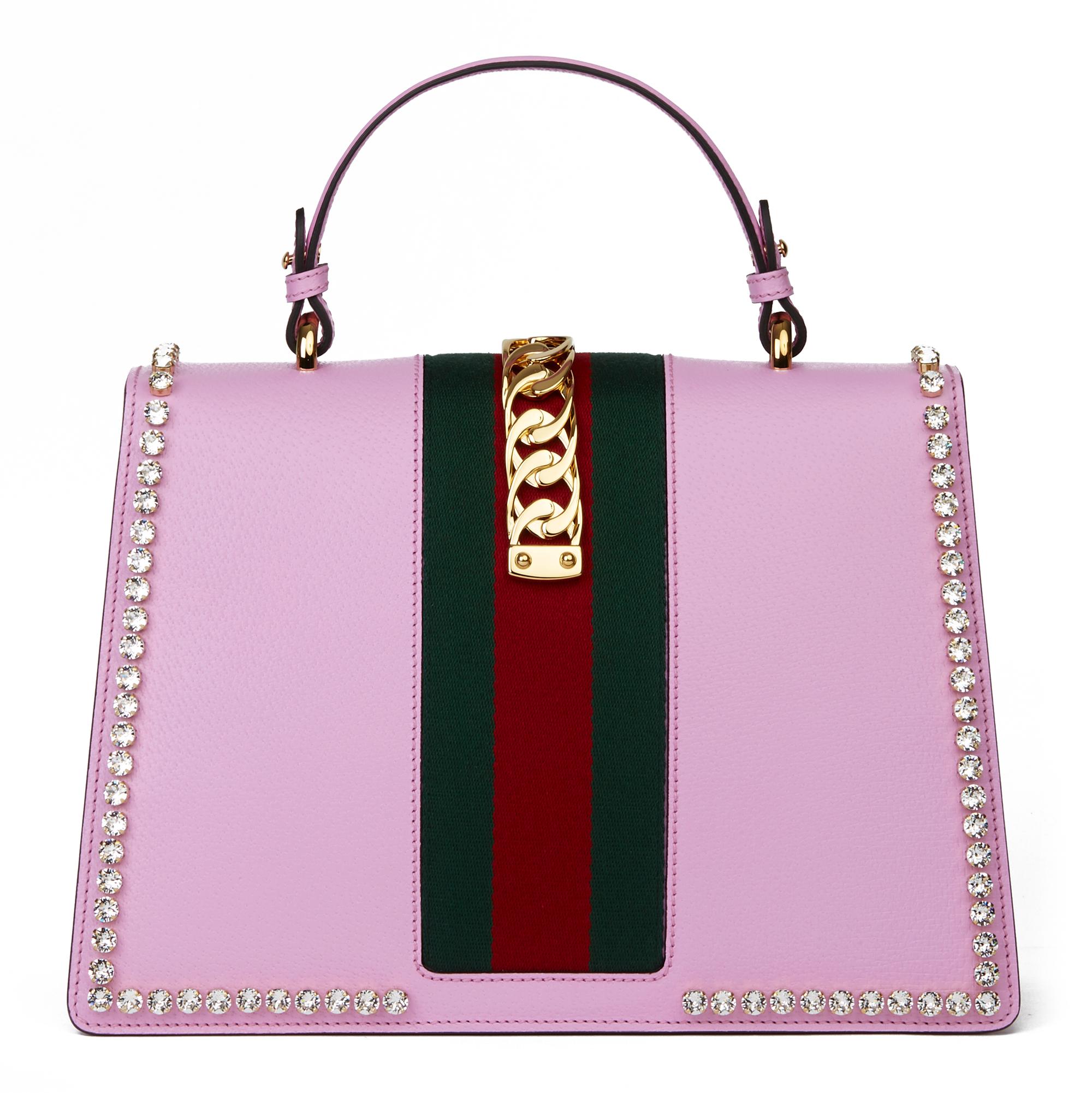 Women's 2019 Gucci Pink Pigskin Leather Crystallised Medium Sylvie Top Handle 