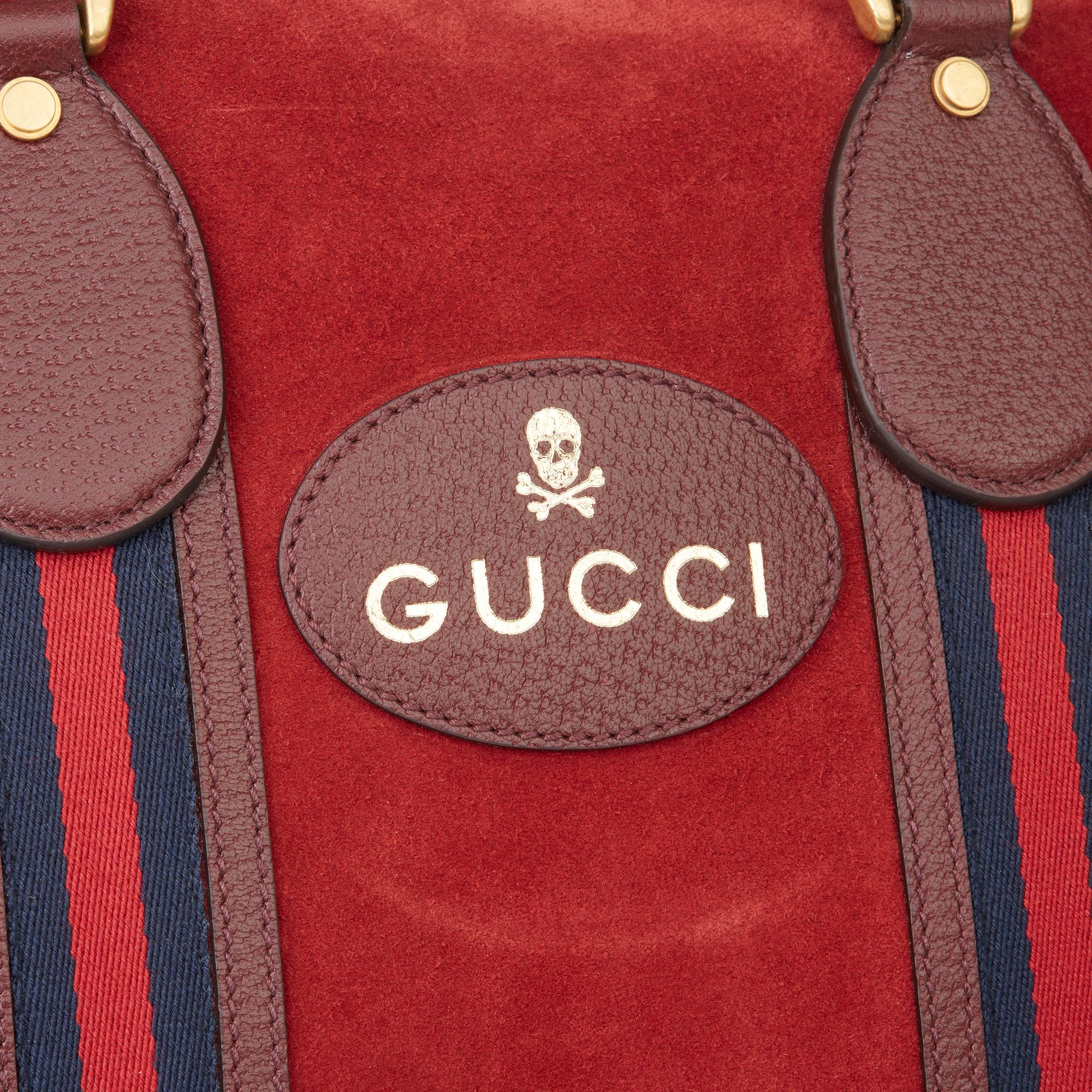2019 Gucci Red Suede & Burgundy Pigskin Web Medium Duffle Bag In Excellent Condition In Bishop's Stortford, Hertfordshire