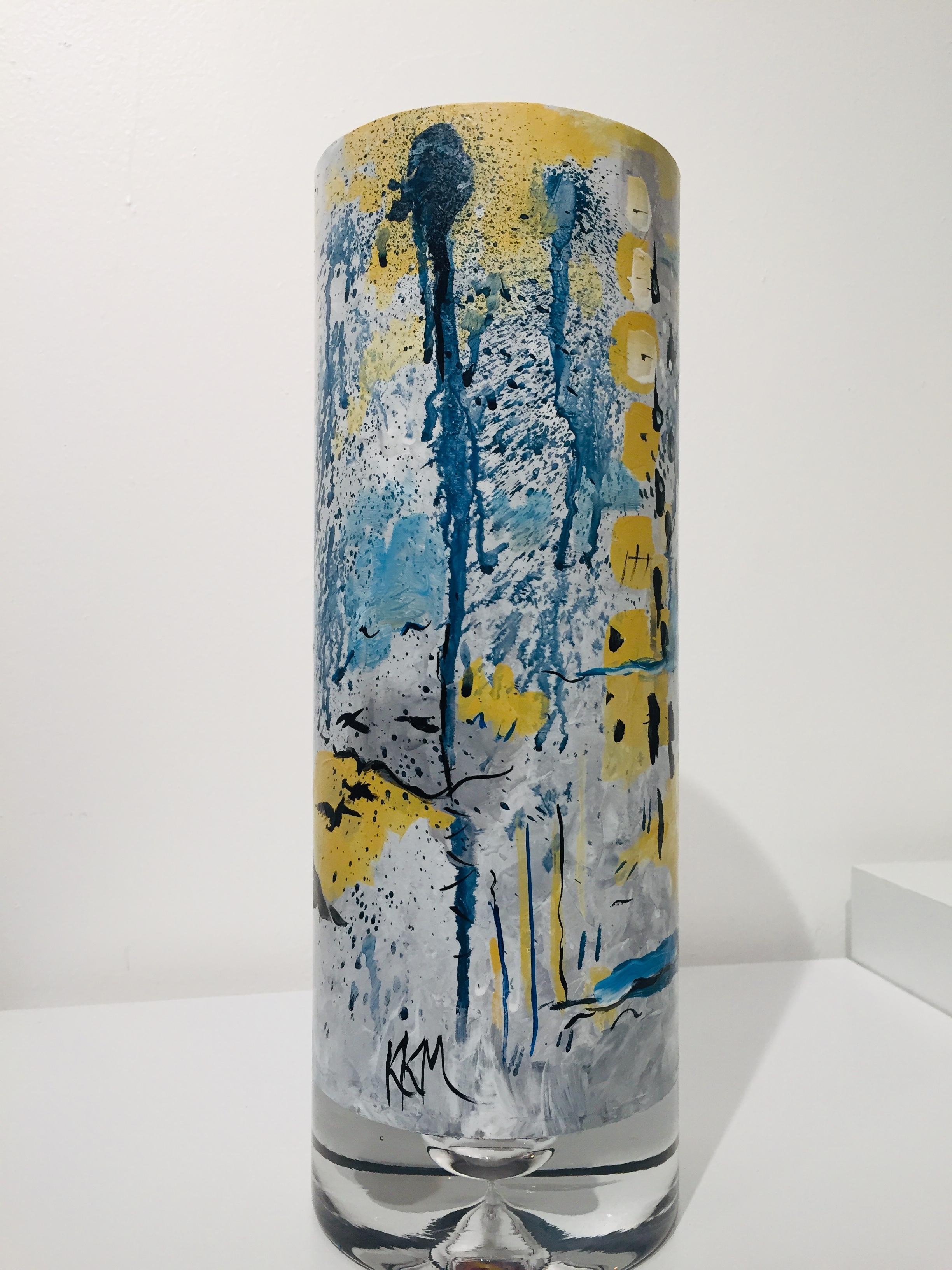 Hand painted one-of-a-kind glass vase by artist Kathleen Kane-Murrell. This vase is perfectly rendered in muted acrylic paint and arrive with a note from the artist. First time available to the public.

 Images 2 and 5 show the five vases painted