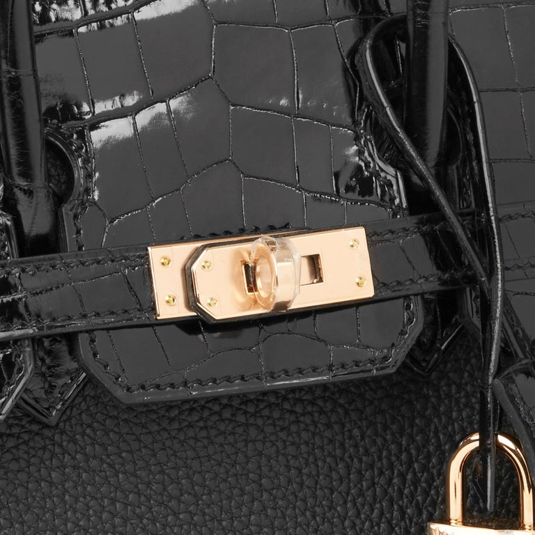 New Stock🐊 Birkin Touch 25cm 89 black togo with shiny crocodile leath