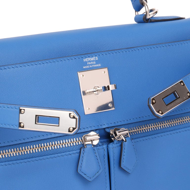 Hermès Bleu Encre/Bleu Zellige Evercolor Leather Palladium Plated Kelly 28  Retourne Bag Hermes