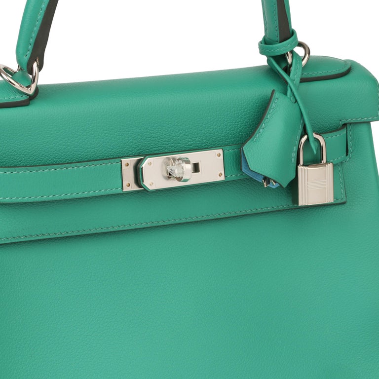 2019 Hermes Vert Verone and Blue du Nord Evercolor Leather Verso Kelly 28cm  at 1stDibs