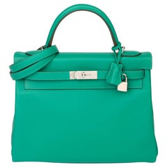  2019 Hermès Vert Verone & Blue du Nord Evercolor Leather Verso Kelly 32cm 