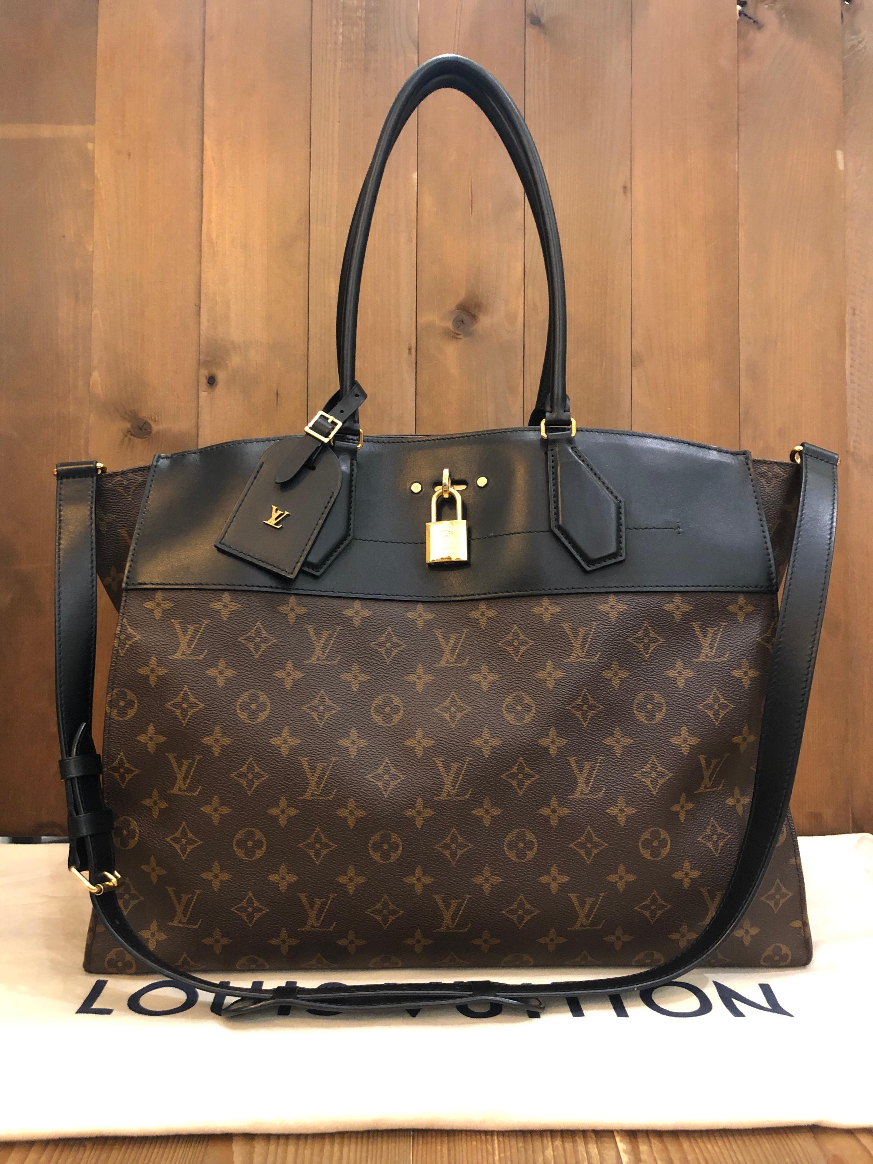 This chic and stylish LOUIS VUITTON XXL tote is crafted of Louis Vuitton��’s signature monogram coated canvas trimmed with smooth black leather featuring rolled black leather handles and polished gold toned hardware. This tote comes with a detachable