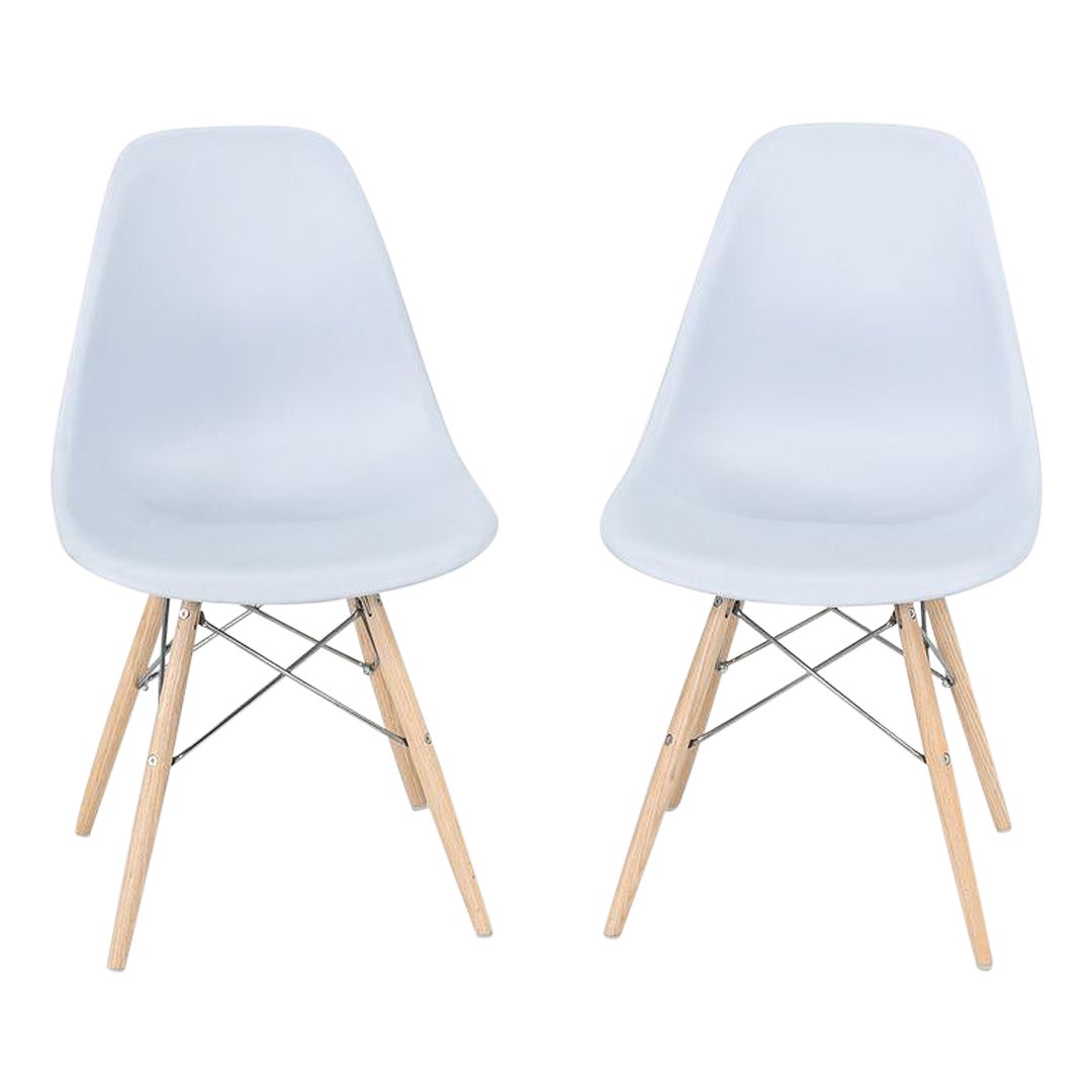 2019 Pair of Eames Plastic DSW Shell Chairs in Blue w/ White Oak Dowel Bases