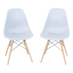 2019 Pair of Eames Plastic DSW Shell Chairs in Blue w/ White Oak Dowel Bases